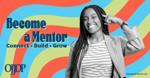 Young person smiles and points to head. Wavy multicolored background. Text reads: Become a Mentor. Connect. Build. Grow.