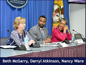 Beth McGarry, Darryl Atkinson, and Nancy Ware during a DOJ CFBNP event