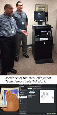 TAP Deployment Team with kiosk; fingerprint scanner