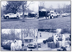 Photo montage of police and toxicology team inspecting the contents of barrels outside a suspected clandestine drug lab.