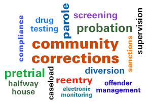 A cloud of words in different colors related to the theme "community corrections"