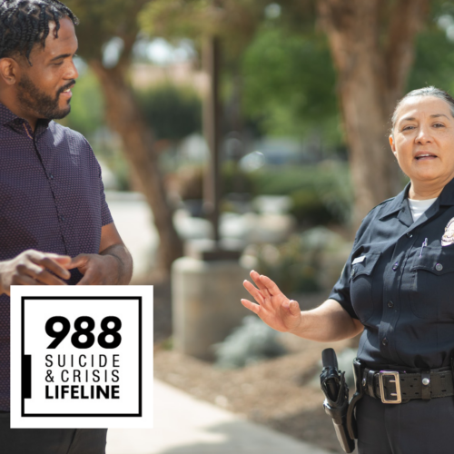 Female police officer and African American male. Text reads 988 Suicide and Crisis Lifeline