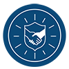 White shaking hands on a shield with a circle of emphasis lines on a blue background