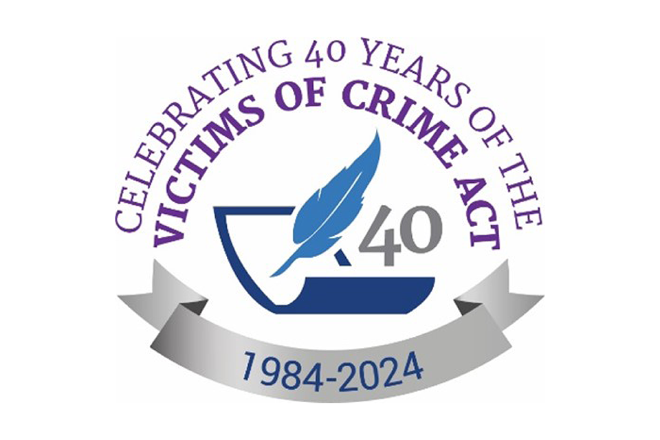 Logo celebrating 40 years of the Victims of Crime Act from 1984-2024, featuring a blue feather quill and the number 40.