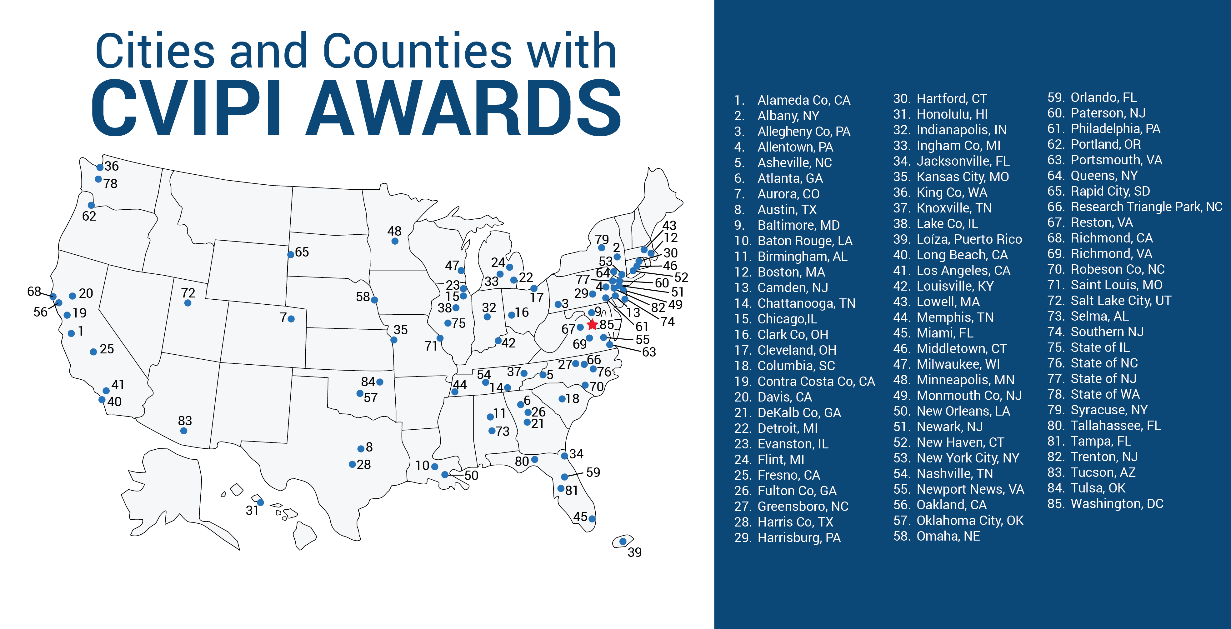 A map of the United States showing 85 numbered blue dots marking cities and counties that received CVIPI awards, with a corresponding numbered list of locations.