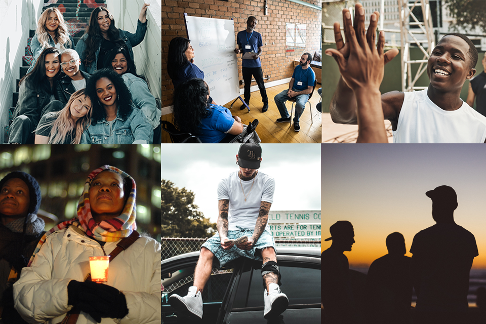 A collage of six photographs depicting diverse community moments: Top row shows (1) a group of diverse friends laughing together on stairs, (2) a professional development session with people in blue uniforms around a whiteboard, and (3) a person in white smiling with raised hand. Bottom row shows (4) two people in winter coats at a candlelight gathering, (5) a person with tattoos in casual wear sitting on a car, and (6) a silhouette of three people against a sunset sky. The images collectively represent dif