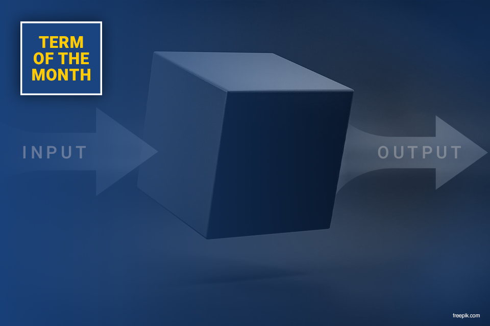 input arrow on left of cube with output arrow on right