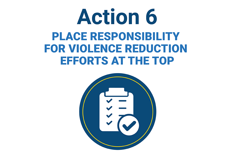 Clipboard with checkmarks and lines. Circle with blue check in the center in the foreground. Text reads: Action 6. Place responsibility for violence reduction efforts at the top. 