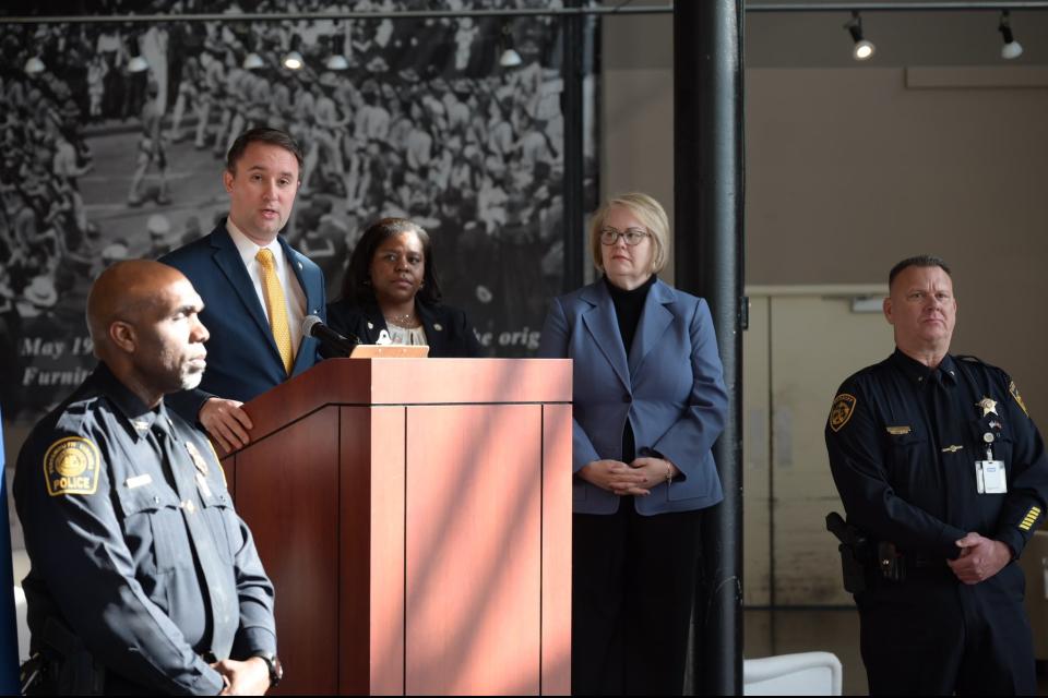 Attorney General Miyares, Robin Gauthier, Executive Director of Samaritan House, presenting at a Press Conference for 100% BATT (Businesses Alliance Against Trafficking)