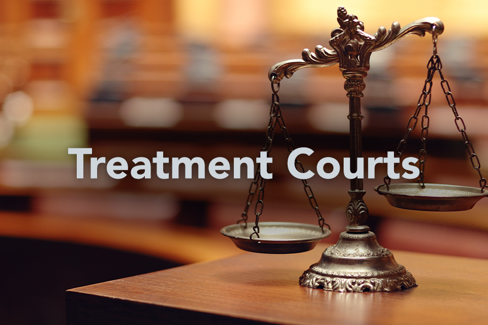  Text reads Treatment Courts on background of scales of justice