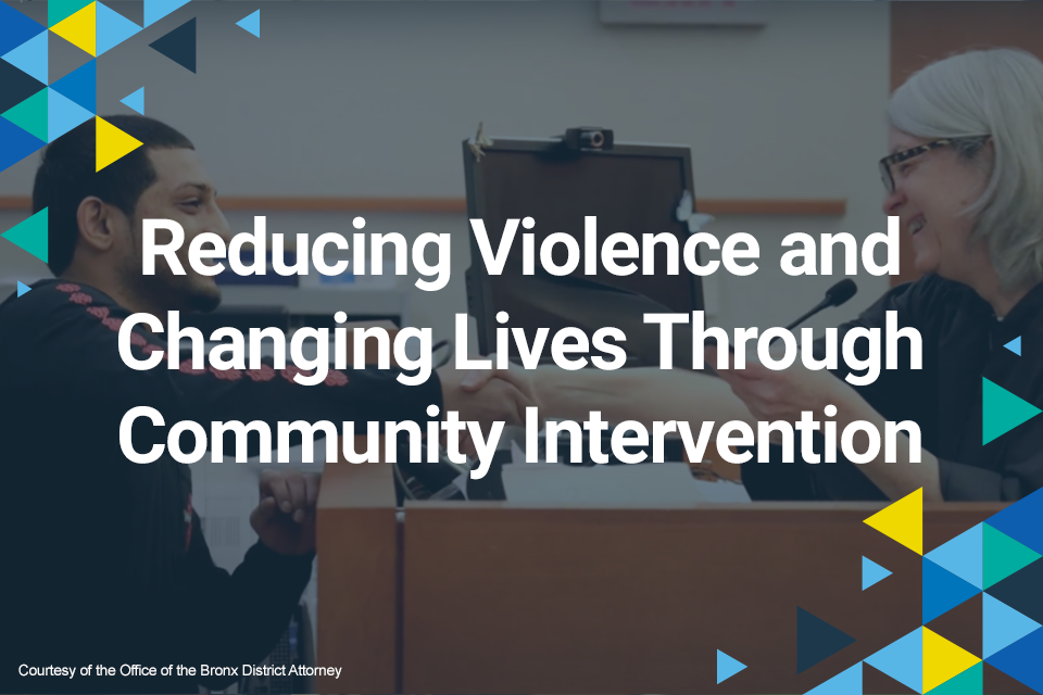 Woman shakes a man's hand. Text reads: Reducing Violence and Changing Lives Through Community Intervention