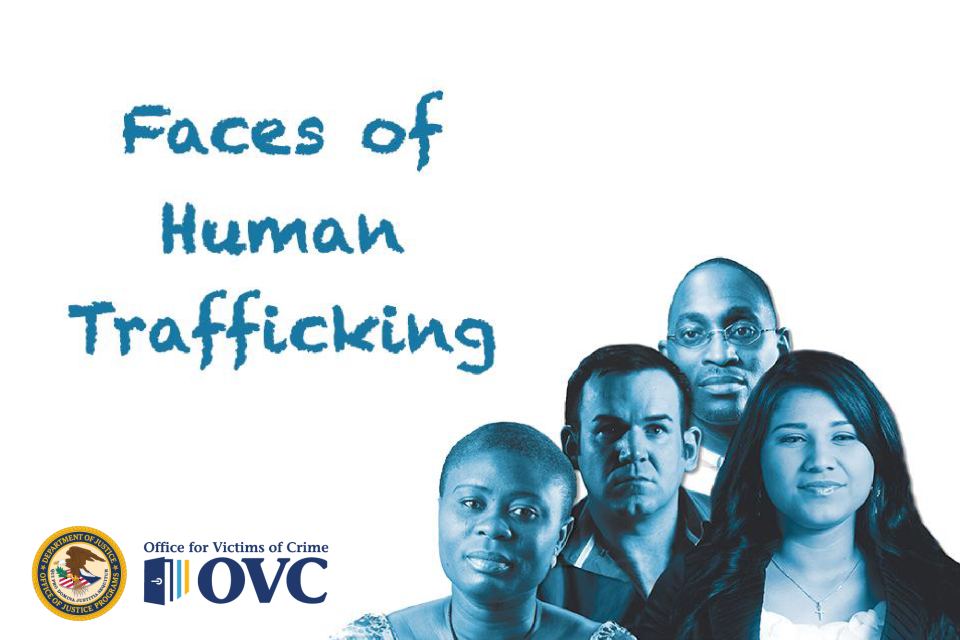 Card titled "Faces of Human Trafficking" showing portraits of four diverse individuals in blue tones. Includes logo for Office for Victims of Crime.