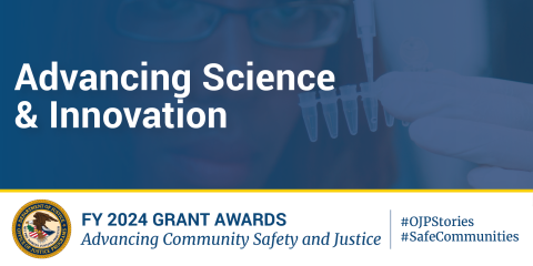 An image promoting FY 2024 grant awards for advancing community safety and justice. The top portion shows the title "Expanding Access to Victim Services" over a blurred background image of hands clasped together. The bottom section displays the Department of Justice seal and text about FY 2024 grant awards, along with hashtags #OJPStories and #SafeCommunities.