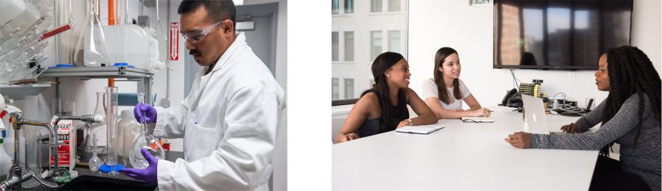 Man in lab, women at conference table