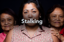 Stalking text in front of three women