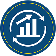 Blue bar chart indicating growth with yellow arrow pointing up and to the right. two blue arrows bend into a circle around the chart.