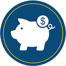 Pig suggests a piggy bank with a circle with a dollar sign in the foreground. 