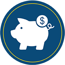 Pig suggests a piggy bank with a circle with a dollar sign in the foreground. 