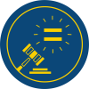 Yellow gavel and equals sign surrounded by emphasis lines on blue background