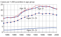 Figure showing person offense case rates for juveniles by age group for 1985 through 2000.