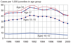 Figure showing property offense case rates for juveniles by age group for 1985 through 2000.