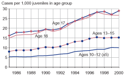 Figure showing public order offense case rates for juveniles by age group for 1985 through 2000.