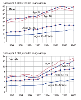 Two figures showing public order offense case rates for male juveniles and female juveniles, respectively, by age group, for 1985 through 2000.