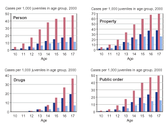 Four figures showing case rates by age and racial group (white youth, black youth, and youth of other races) for person, property, drug, and public order offenses, respectively, in the year 2000.