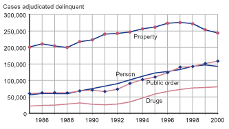 Figure showing cases adjudicated delinquent for person, property, drug, and public order offenses between 1985 and 2000.