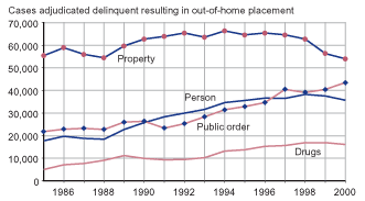Figure showing the number of cases adjudicated delinquent and resulting in out-of-home placement between 1985 and 2000 for person, property, drug, and public order offenses.