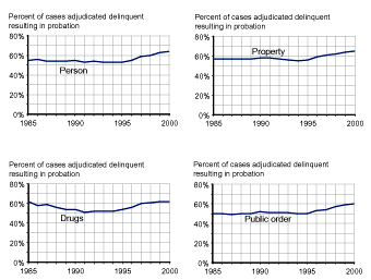 Four figures showing percent of cases adjudicated delinquent and resulting in probation between 1985 and 2000 for person, property, drug, and public order offenses, respectively.