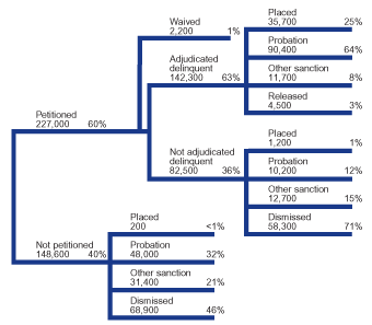 Flowchart showing the disposition of 375,600 juvenile person offense cases in 2000.