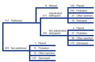 Flowchart showing the disposition of a typical 1,000 juvenile aggravated assault cases in 2000.