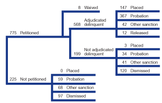 Flowchart showing the disposition of a typical 1,000 juvenile burglary cases in 2000.