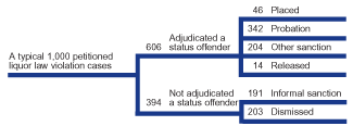 Flowchart showing case processing for a typical 1,000 petitioned liquor law violation cases in 2000.