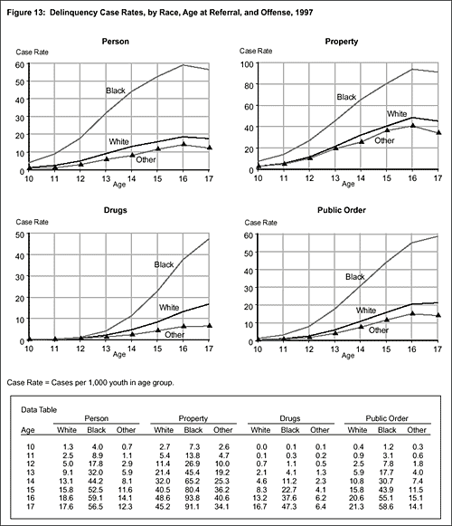 Figure 13: Delinquency Case Rates, by Race, Age at Referral, and Offense, 1997