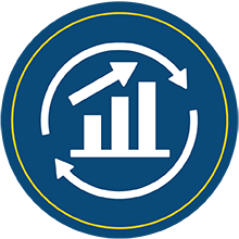 Bar chart indicating growth with arrow pointing up and to the right. two arrows bend into a circle around the chart.