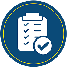 Clipboard with checkmarks and lines. Circle with check in the center in the foreground.