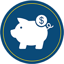 Pig suggests a piggy bank with a circle with a dollar sign in the foreground.